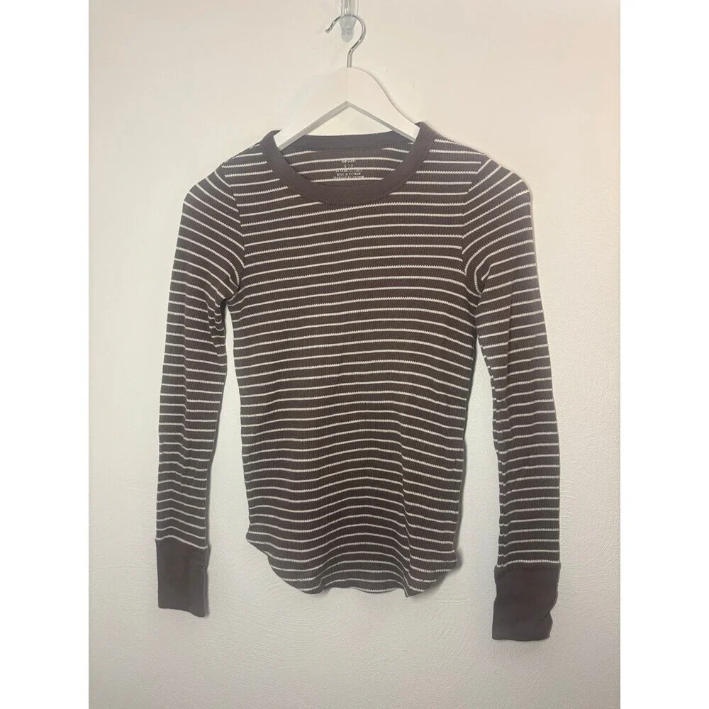 Aerie Ribbed Brown & White Stripe Crew Neck Long Sleeve Shirt Size Small